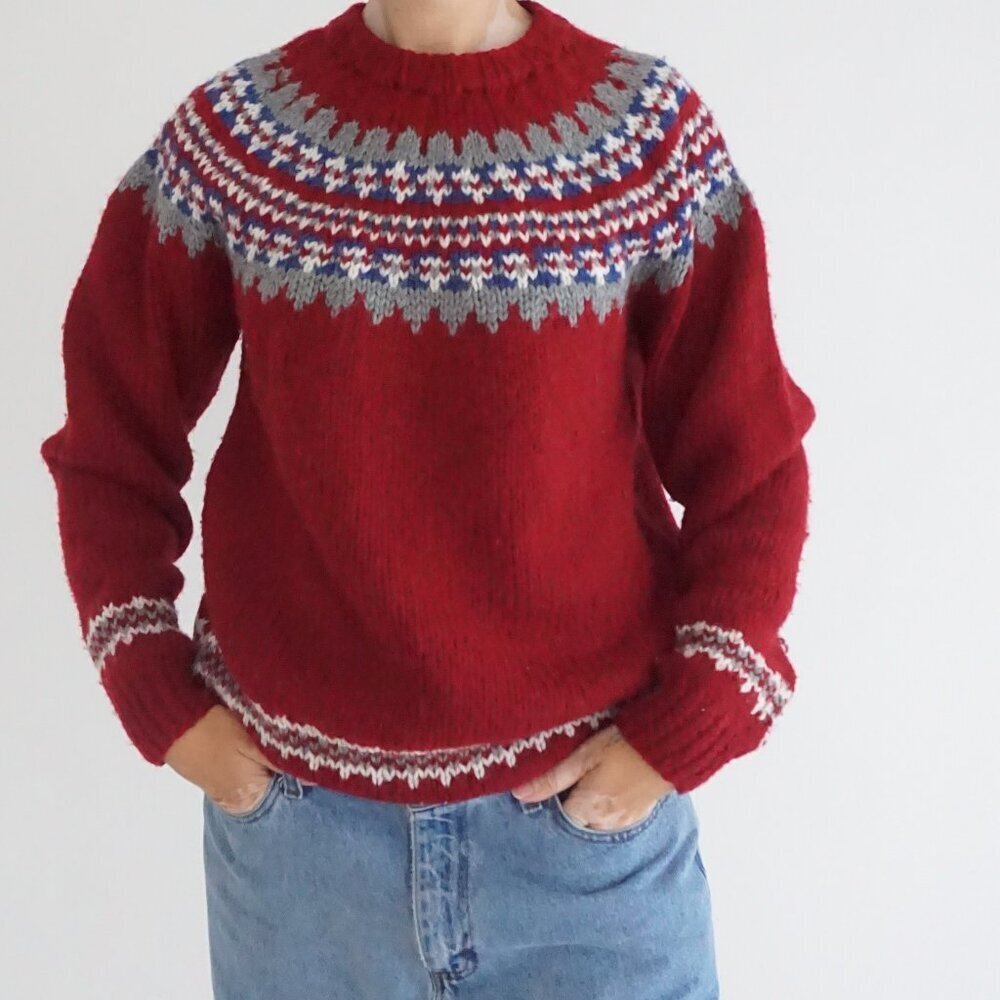 Vintage Sport Rally Red Fair Isle Nordic Pattern Knit Sweater Cabincore S - Picture 1 of 10